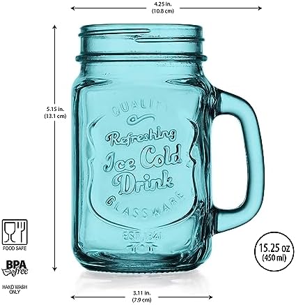 Mason Jar Drinking Glasses Set Of 4, 15 oz. Colored Mugs With Embossed Ice-Cold Drinkware Logo, Glass Mason Jar Mug With Handle. For Smoothies, Cocktails, Beverages. Hand Wash