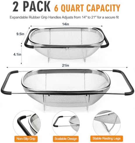 Over the Sink Colander, Stainless Steel Fine Mesh, 6 Quart 2 Pack
