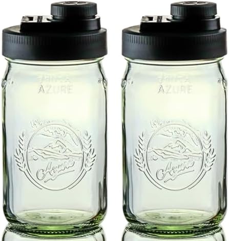 Glass Mason Jar Pitcher with Lid - Azure Standard Jars, 1 Quart (32 oz) with Black Wide Mouth Pour Lid, for Smoothie, Boba Cup, Sun Tea, Cold Coffee Glass Tumbler, 2-Pack
