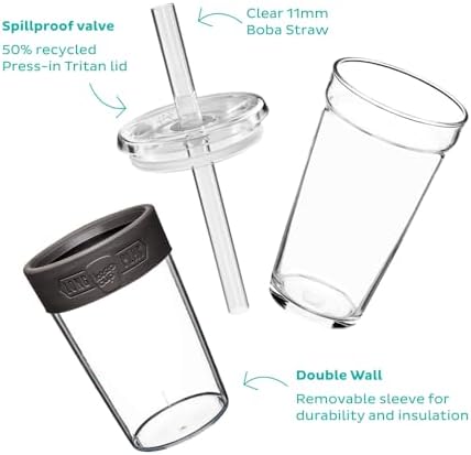 Cold Cup Iced Coffee Tumbler, 16 oz Tempered Glass Cup with Removable Tritan Sleeve - Lid and Reusable Straw, Boba and Smoothie Cup, Chalk