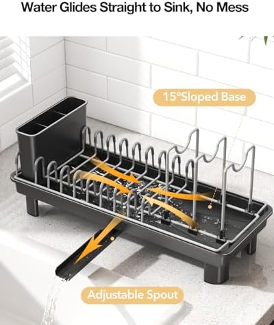 Small Dish Drying Rack with Drainboard, Compact for Kitchen Counter, Black