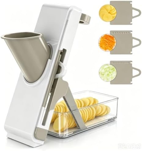 Safe Mandoline Slicer for Kitchen, Vegetable Slicer with Container, French Fry Cutter, All in 1 Julienne Slicer for Potato, Thickness Adjustable, Detachable Blade (White Light Gray) by kitchen
