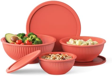 GENICOOK 3 Set Red Ribbed Glass Mixing Bowls Set with Lids, BPA Free by GENICOOK