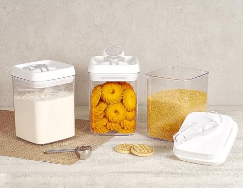 Flip Tite Storage Container with Built-In Spoon & Airtight Lid 5” Large-M Ring Flip Top, Stackable Acrylic Canister for Sugar Flour Powder, Kitchen Pantry Organizer (1.8qt), 2 spoons
