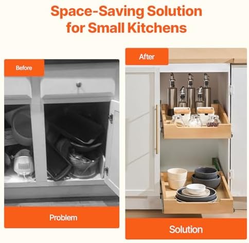 Pull Out Cabinet Organizer, 14"W x 21"D Cabinet Drawer, Soft Close Slide out Shelf, Heavy-Duty Sliding Wood Drawer, Bottom Mount Size（14.5"W x 23"D）and Side Mount Size（15"W x 23"D）