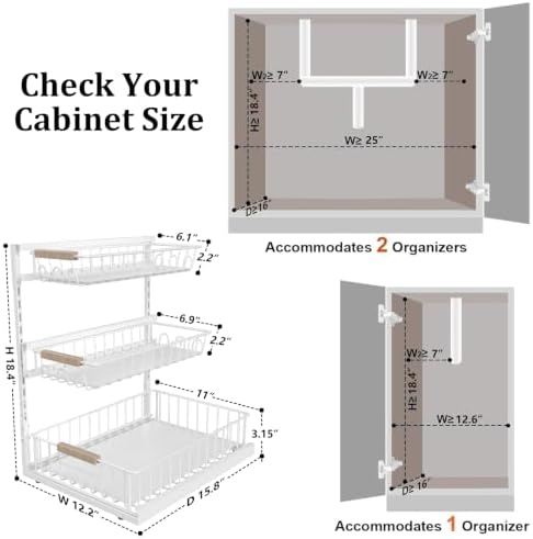 3 Tier Under Sink Organizer, Adjustable Pull Out Metal Storage Drawer
