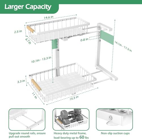 Under Sink Organizer 2 Packs, Pull Out Kitchen Sink Organizer, 2 Tier Slide Out Kitchen Organizers and Storage Bathroom Under Cabinet Storage Shelf, White
