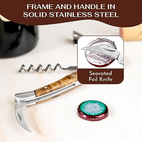The Premium Professional Corkscrew Wine Opener with Elegant Wood Handle, Manual Wine Key with Foil Knife and Cap Bottle Opener for Bartenders, Waiters and Sommeliers