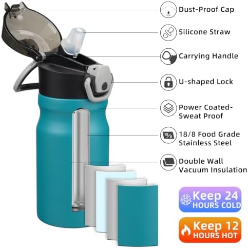 BJPKPK 14 oz Insulated Water Bottle, Straw, Handle, Stainless Steel Flask - Image 2