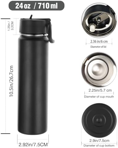 24oz Insulated Water Bottle with Straw Lid, Black, 8-Pack