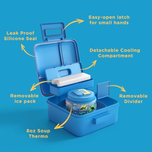 Bento Lunch Box for Kids With 8oz Soup thermo,Leak-proof Lunch Containers with 5 Compartment,thermo Food Jar and Lunch Bag, Food Containers for School (A-Blue(Dinosaur))