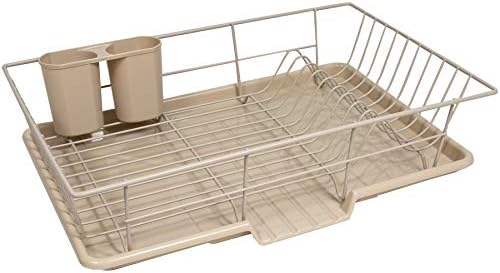 Metal, Plasic 3 Piece Dish Drainer Rack Set with Drying Board and Utensil Holder, 17" x 12" x 5", Beige
