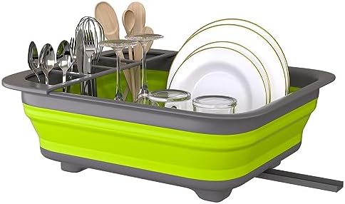 Collapsible Dish Drying Rack for RV Campers Portable Dinnerware Drainer Organizer for Kitchen Travel Trailer-Green
