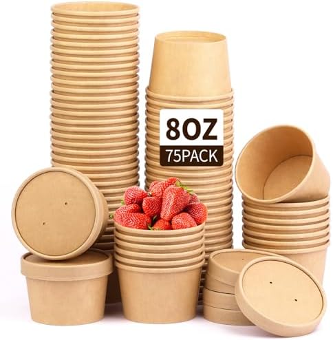 Wuadua 8 oz Disposable Kraft Paper Soup Containers with Lids- 75 Pack by Wuadua