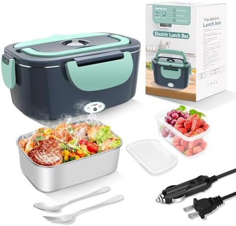 Electric Heated Lunch Boxes Adults: 80W Electric Lunch Box Food Heated 12/24/110V 1.5L Heatable Lunch Box for Car/Truck/Office Leak-Proof Stainless Steel Container, Fork & Spoon, Bag (Grey+Green)