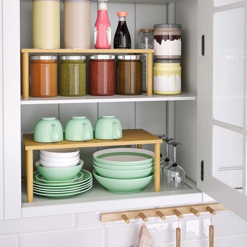 2 Pack Cabinet Organizer Shelf,Bamboo Countertop(Large,Natural)