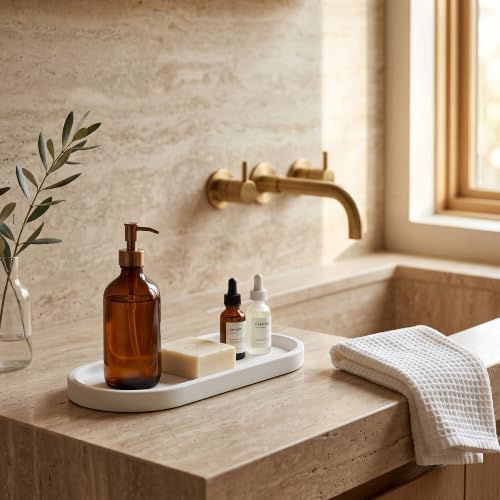 Diatomite Stone Sink Tray - Quick Drying Stone Sink Caddy for Kitchen & Bathroom Countertop, Water Absorbing Tray for Sponge, Soap, Brush&Vanity Holder, Minimalist White