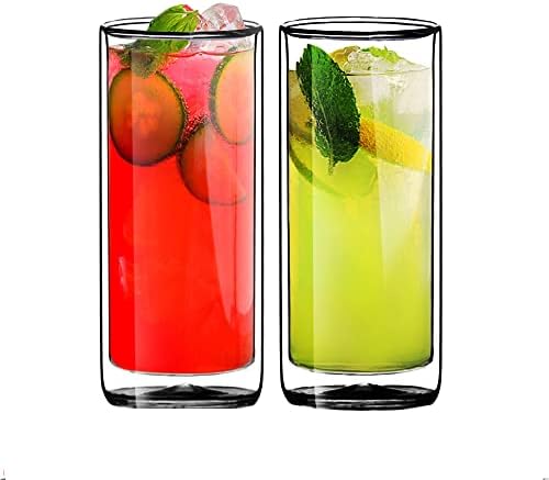 Double Wall Insulated Glass Tumbler, 16oz (450ml) Highball Glass Cups for Beer, Lemonade, Iced Tea, Tropical Drink, Cocktail, Smoothie, Mojito and Mixed Drinks, Set of 2 - Collins Style