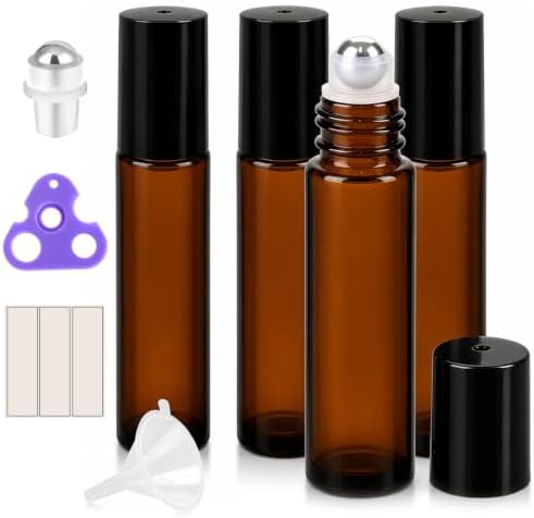 PrettyCare Essential Oil Roller Bottles, 4 Pcs 10ml Amber Glass for Perfume by PrettyCare