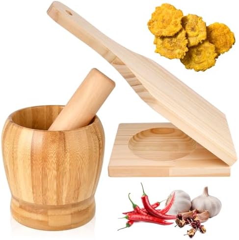 2 Kitchen Tools Including Mortar and Pestle Set and Wood Tostonera Plantain Press, Natural Plantain Smasher for Fried Banana Pepper Spices Garlic Press Grinder Chopper Crusher