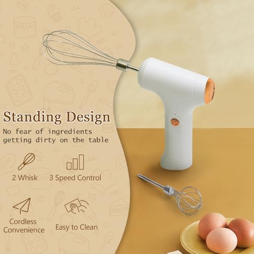 Cordless Hand Mixer, Handheld Electric Whisk with 3 Speed Modes, Hand Held Egg Beater with 2 Detachable Stir Whisks (White) - Image 2
