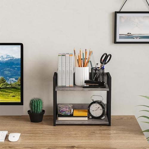 Countertop Shelf Organizer, 2 Tier Kitchen Spice Rack for Countertop, Wood Kitchen Counter Shelf for Home, Coffee Station Organizer (Grey,S)