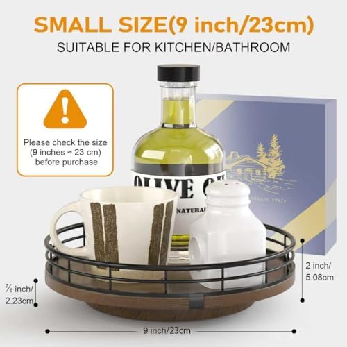 9-Inch Farmhouse Oak Wood Lazy Susan Organizer for Table Top, Walnut