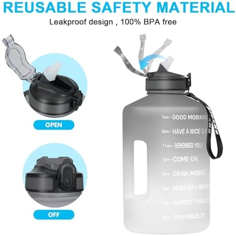 1 Gallon Water Bottle with Time Marker and Straw, BPA Free 128oz Leak Proof Motivational Large Water Bottle Jug with Handle, Pop Up Open Sports Big Bottle Jug with Comfortable Silicone Nozzle