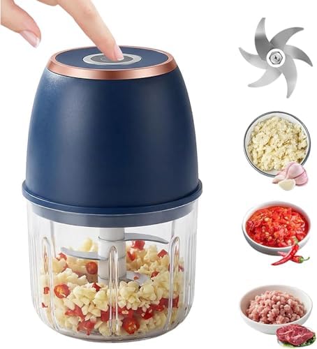 2026 Upgrade Electric Garlic Chopper, Mini Electric Food Chopper, 350ml with 6 Stainless Steel Blades & Thickened Glass, Cordless Food Processor for Chili, Ginger, Nuts, Meat and Fruits (Blue) by Unknown