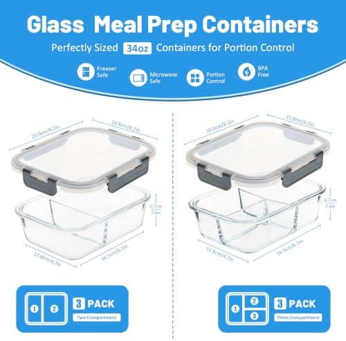2 & 3 Compartments Glass Meal Prep Containers, Leak-Proof, Grey