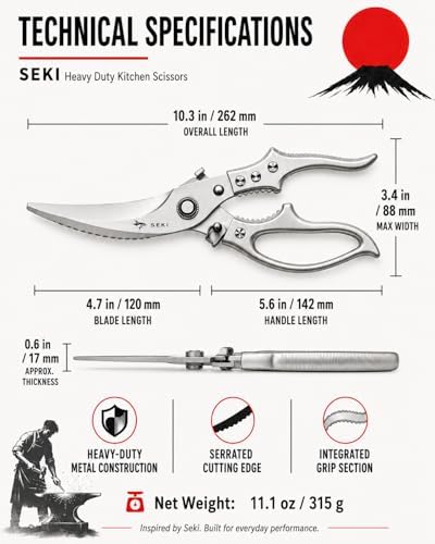 SEKI Heavy Duty Kitchen Scissors, 315g Take-Apart Poultry Shears with Safety Lock, Sharp Serrated Blades, All Purpose Food Scissors for Chicken, Meat, Fish, Turkey, Herbs & Vegetables