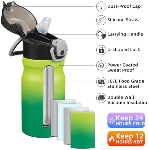 BJPKPK 14 oz Insulated Water Bottle, Straw, Handle, Stainless Steel Flask - Image 2