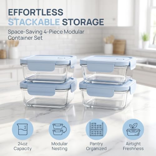 Glass Meal Prep Containers with Lids, 4 Pack 22oz, Borosilicate Glass Food Storage Containers, Leakproof Locking Lids, Microwave, Oven & Freezer Safe