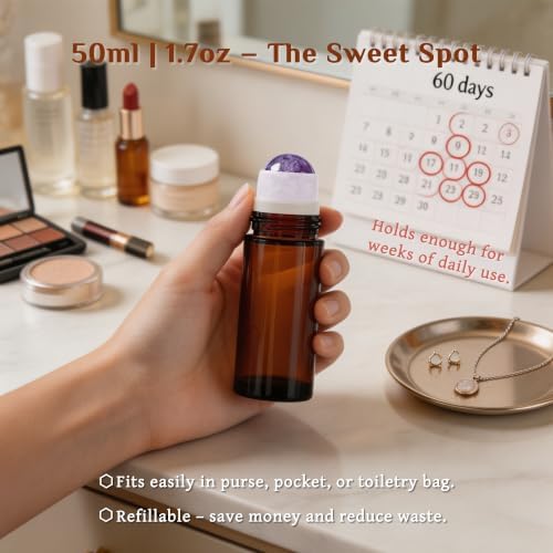 PrettyCare Rose Quartz Roller Bottles for Essential Oils, 50ml Roll On Bottles with Natural Crystal Roller Ball Applicator, Refillable Amber Glass Perfume Bottle (1 Pack, Purple Roller) - Image 5