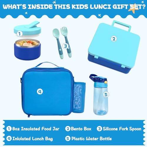 Kids Bento Lunch Box with 8oz Soup Thermo, Water Bottle, Kids Leakproof Lunch Food Containers with 4 Compartment, Insulated Hot Food Jar with Lunch Bag for School, Trvael (Blue)