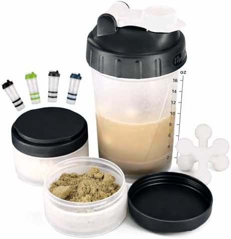 Hydro2Go 16oz Protein Shaker Bottle with Shaker Ball and 2 Storage Jars | BPA-Free Plastic Cup with Clear Measurement Scale | Perfect for Protein Mixes and Pills | Portable Pre-Workout Drink Cup Black by Hydro2Go