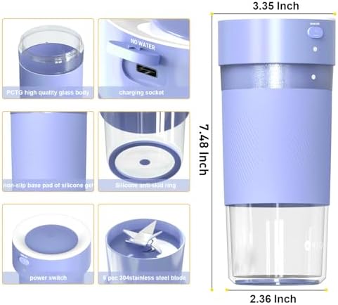 MIO Portable Blender for Smoothies, 10 oz Mini Personal USB-C Rechargeable Cordless Smoothie Maker & Handheld Protein Shake Blender, Quiet Small Travel Juicer for Office, Gym, Kitchen(Purple) - Image 4