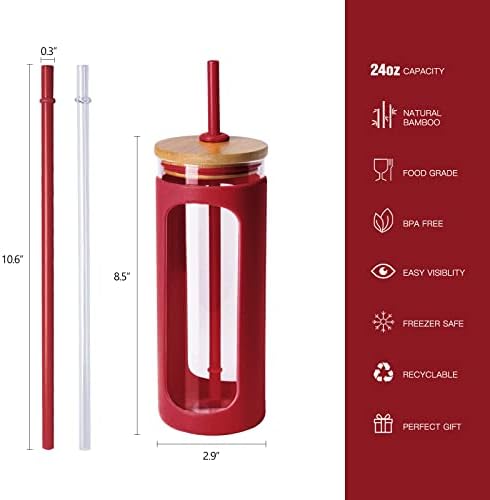 20oz Glass Tumbler with Straw and Lid, Iced Coffee Cups with Bamboo Lids, Glass Cups for Cold Drinks, Smoothie Cup with Silicone Sleeve for Travel, Work, BPA FREE-Barbados Cherry