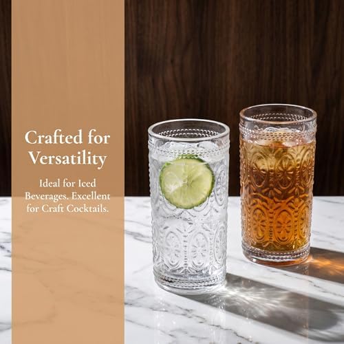 6 Pack Romantic Drinking Glasses, 12 oz Highball Glasses, Thick Water Glasses, Tall Glass Cups for Beverages, Beer, Cocktail, Vintage Glassware Set for Dinner Parties, Bars, Restaurants