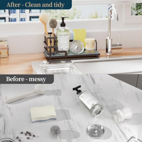 Sponge Holder for Kitchen Sink - Sink Caddy Organizer with Water Absorbing Stone Tray, Detachable Brush Holder, Stainless Steel Kitchen Counter Organizer Rack, Bronze