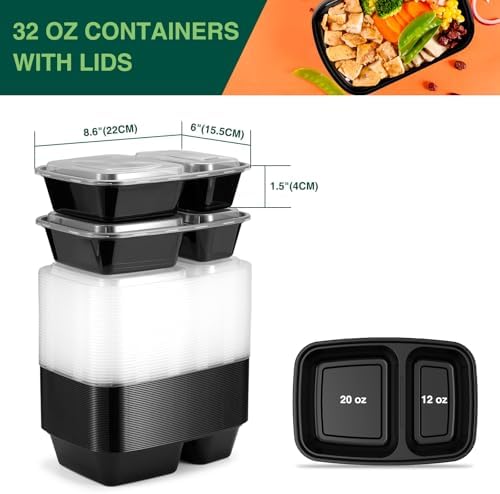 Glotoch 50 Pack(100-Piece)32oz 2-Compartment Meal Prep Containers with Lids