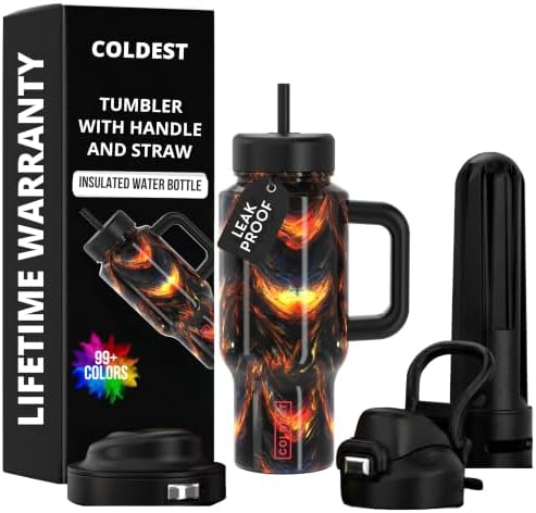 Coldest Tumbler with Handle & Coffee Lid - 100% Spill Proof Tumbler (3 Lids) - Stainless Steel Insulated Leakproof Tumblers for Women & Men - Cup Holder Friendly - 24 oz (Dark Fire) by Coldest