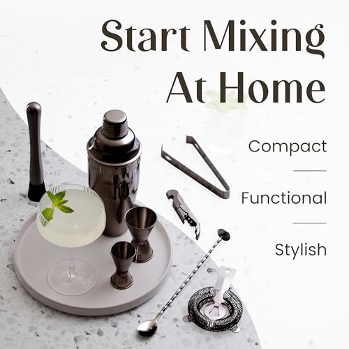 Rustic Cocktail Shaker Set – Includes Wood Stand, Complete Barware Kit with 24 Oz Shaker, Dual Jiggers, Pourers, Muddler, Strainer – Perfect for Home Bartenders (Gun-Metal Black)
