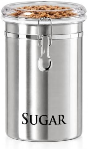 Oggi Stainless Steel Sugar Canister 62 fl oz - Airtight Clamp Lid, Clear See-Thru Top - Ideal Sugar Container for Countertop, Sugar Jar, Bulk Sugar Storage. Large Size 5" x 7.5".