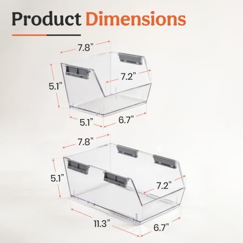Set of 4 Stackable Storage Bins, 2 Large + 2 Small Clear Plastic Organizer Bins, Open Front Design for Kitchen Pantry, Fridge, Cabinet, Bathroom Organization and Snack Storage