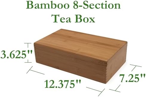 8188 Bamboo Wood Tea Box with 8 Compartments, 12-3/8" x 7-3/8" x 3-3/5"