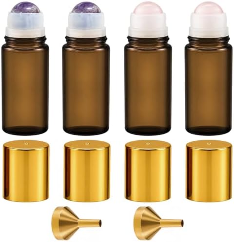 4 PCS 1.7 oz Amber Glass Roller Bottles, with 2 Funnels, Natural Stone Ball by Joyibay