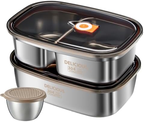 2 Pack Stainless Steel Bento Box with Dressing Cup, 42Oz+57Oz Leakproof Metal Lunch Box for Adult, Lightweight Salad Container for Lunch & Meal Prep, Suitable for Picnic, Work, Outside