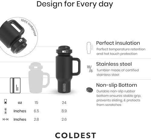 Coldest Tumbler with Handle & Coffee Lid - 100% Spill Proof Tumbler (3 Lids) - Stainless Steel Insulated Leakproof Tumblers for Women & Men - Cup Holder Friendly - 24 oz (Dark Fire) - Image 4