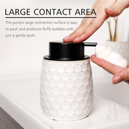 Foaming Soap Dispenser, 12OZ Ceramic Foam White Hand Soap Dispenser with Honeycomb Design for Kitchen or Bathroom, Refillable Dish Lotion Dispenser